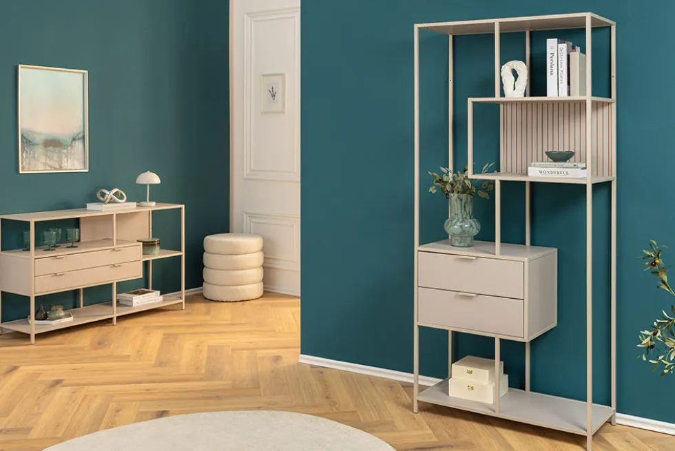 Modernes Bücherregal SLIM LINE 185cm champagner beige Metall mit Schubladen