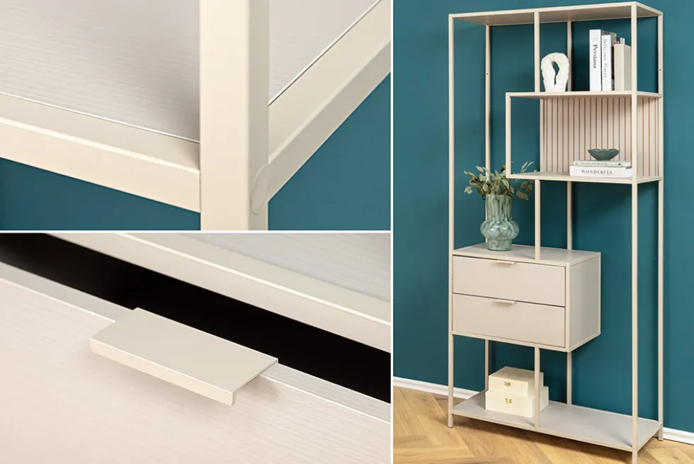 Modernes Bücherregal SLIM LINE 185cm champagner beige Metall mit Schubladen