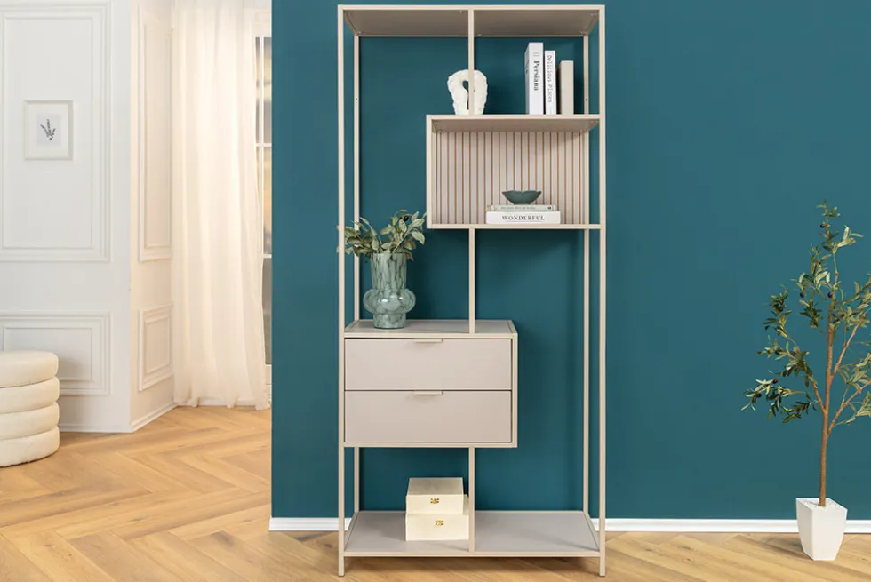 Modernes Bücherregal SLIM LINE 185cm champagner beige Metall mit Schubladen