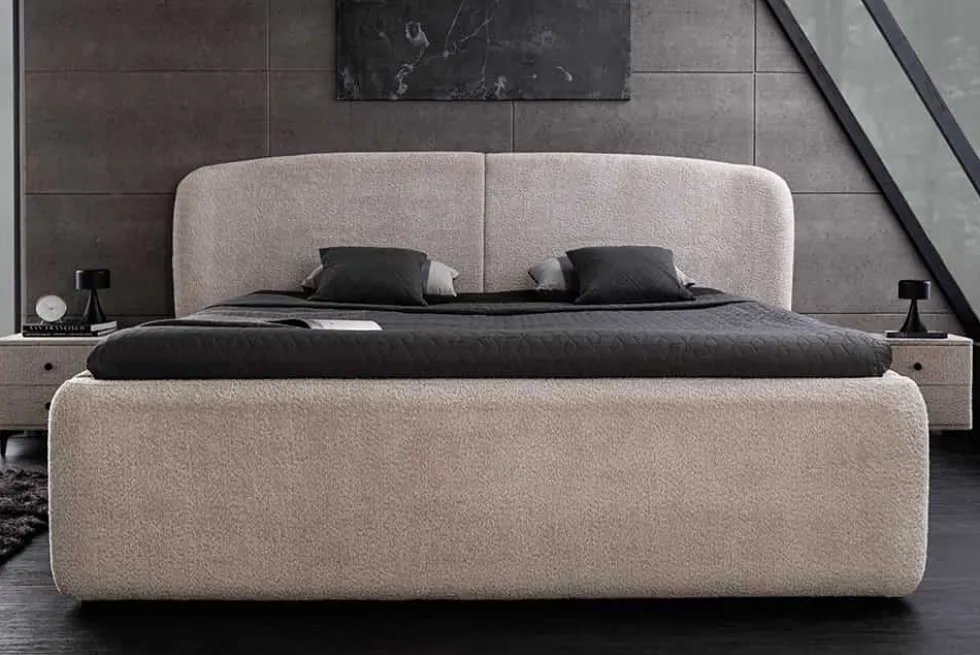 Modernes Boxbett ART DECO 160x200cm greige Bouclé mit Stauraum und Lattenrost