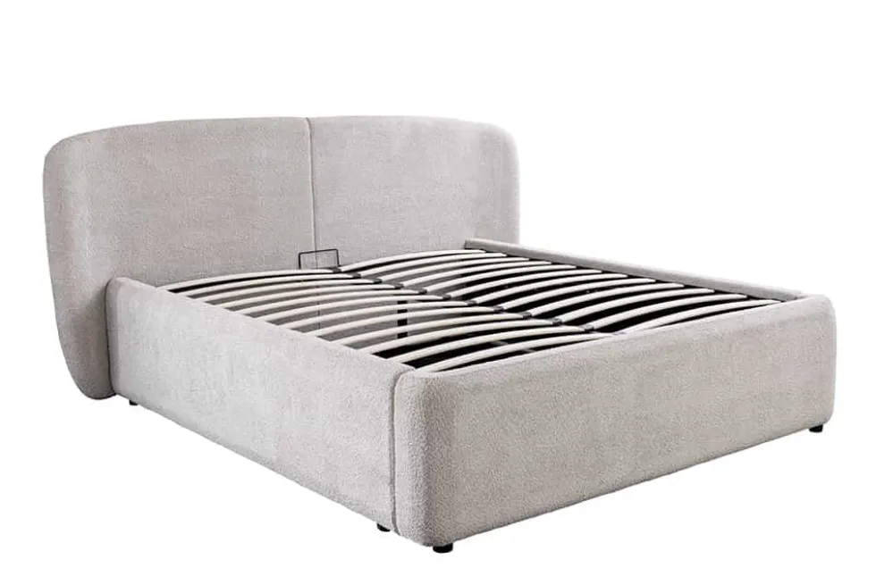 Modernes Boxbett ART DECO 180x200cm greige Bouclé mit Stauraum und Lattenrost