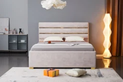 Modernes Boxbett METROPOLITAN 180x200cm beige Samt mit Lattenrost und Stauraum