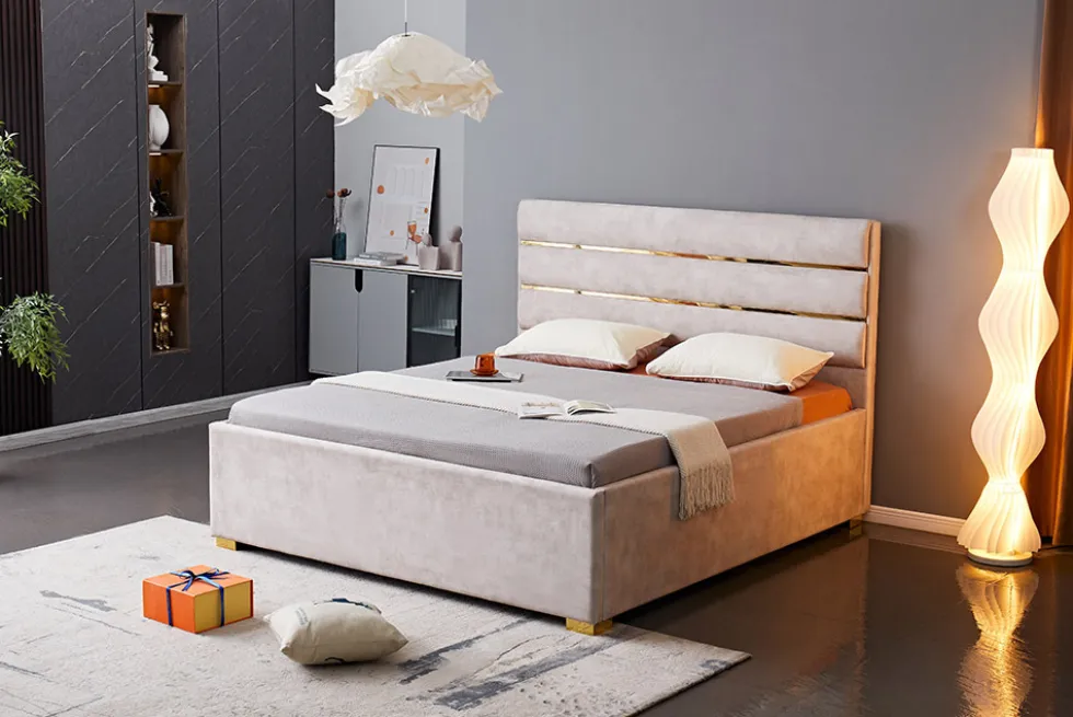 Modernes Boxbett METROPOLITAN 180x200cm beige Samt mit Lattenrost und Stauraum