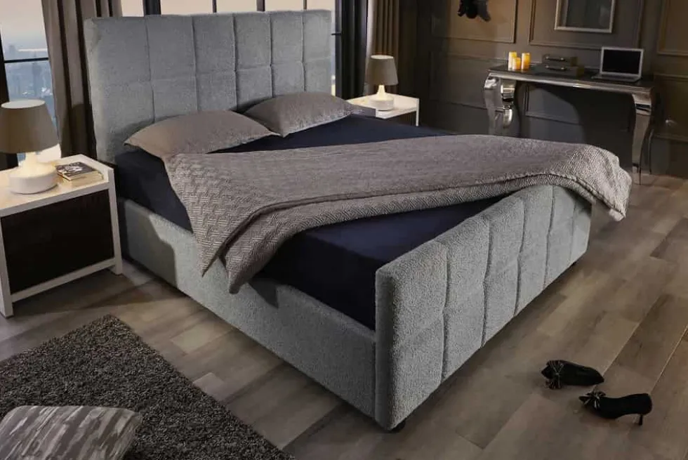 Modernes Boxbett PRESTIGE 180x200cm grau Bouclé mit Stauraum und Lattenrost