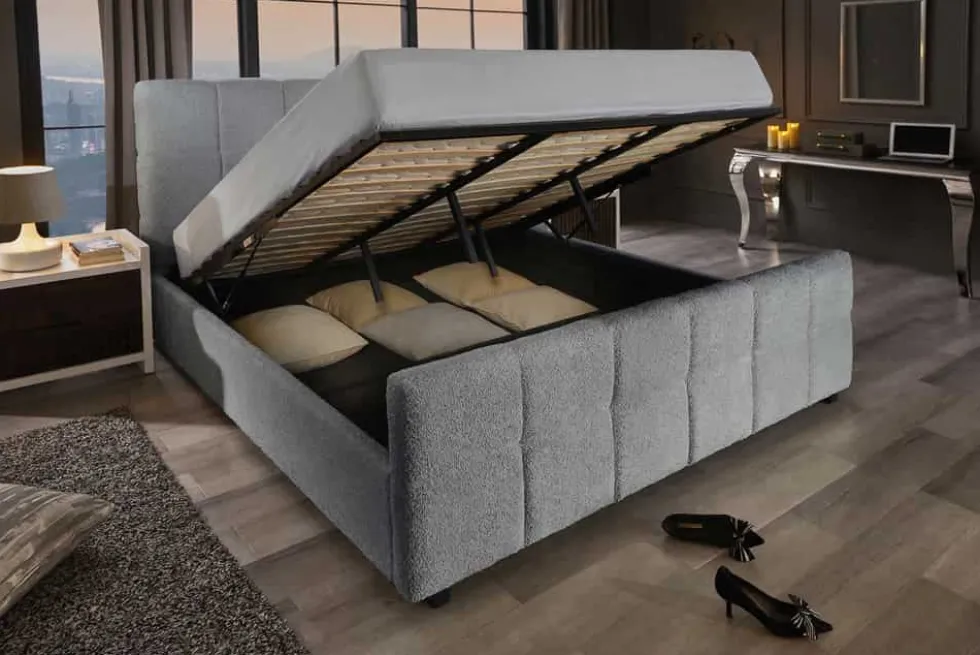 Modernes Boxbett PRESTIGE 180x200cm grau Bouclé mit Stauraum und Lattenrost
