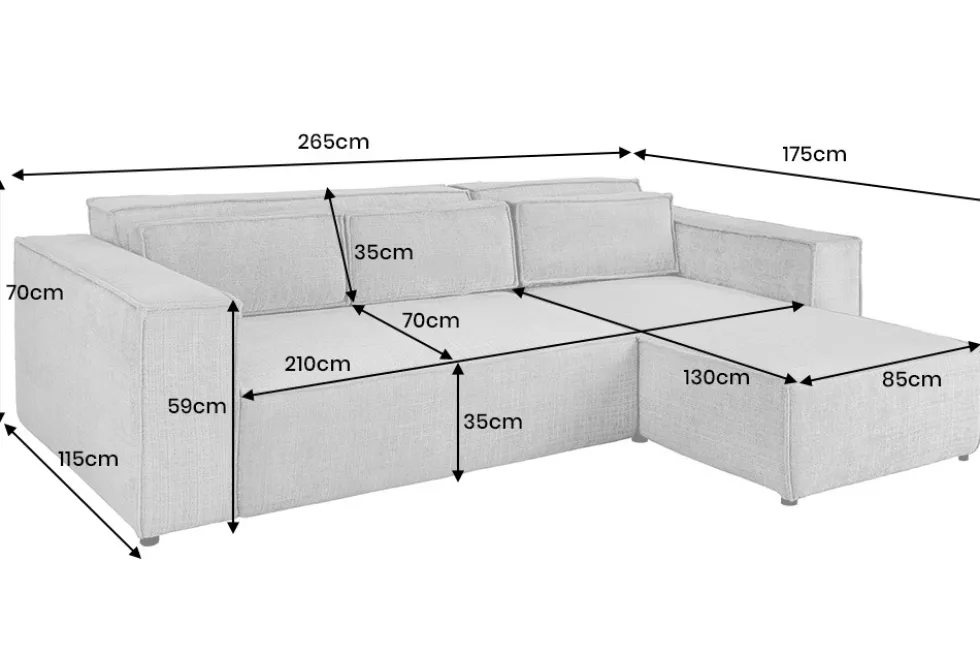 Modernes Ecksofa BOSSA NOVA 265cm grau Chenille 3-Sitzer Couch L-Form