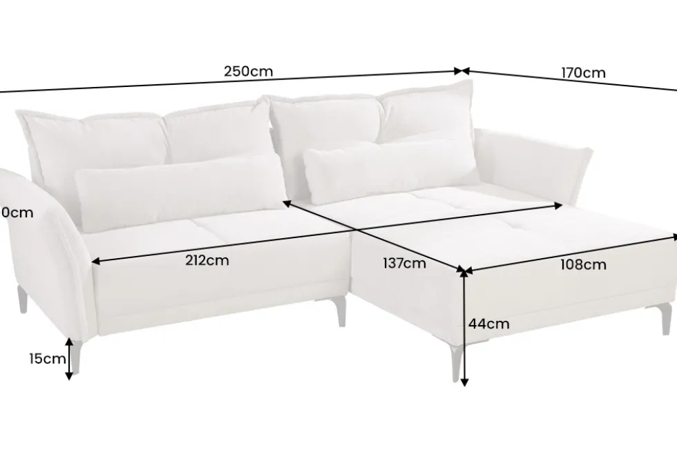Modernes Ecksofa DESIGNO 250cm champagner beige Cord Couch inklusive Kissen Metallfüße