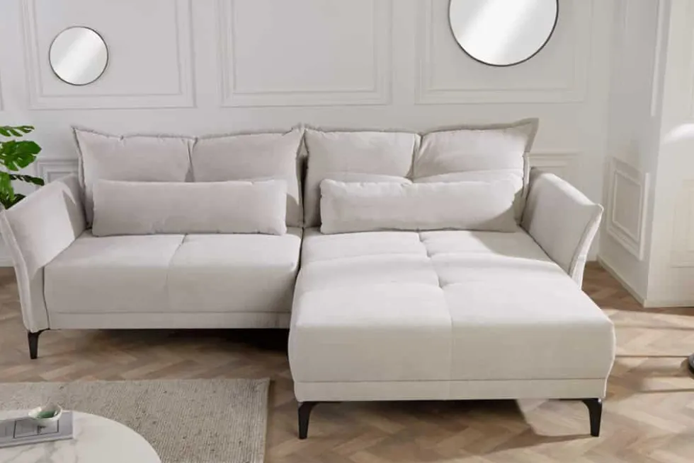Modernes Ecksofa DESIGNO 250cm champagner beige Cord Couch inklusive Kissen Metallfüße