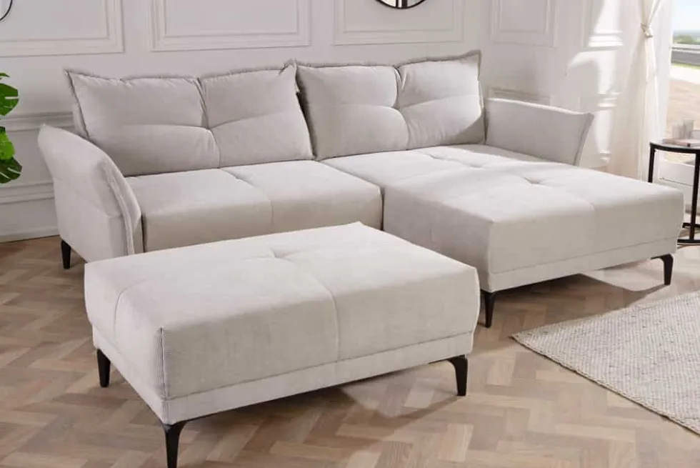 Modernes Ecksofa DESIGNO 250cm champagner beige Cord Couch inklusive Kissen Metallfüße