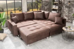 Modernes Ecksofa KENT 220cm braun Federkern Wohnlandschaft inkl. Hocker und Kissen
