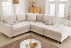 Modernes Ecksofa KENT 220cm champagner beige Chenille Cremona Federkern Wohnlandschaft mit Hocker