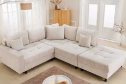 Modernes Ecksofa KENT 220cm champagner beige Chenille Cremona Federkern Wohnlandschaft mit Hocker
