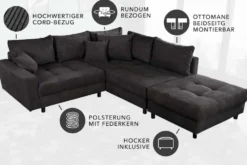 Modernes Ecksofa KENT 220cm dunkelgrau Cord inklusive Hocker Federkern Wohnlandschaft