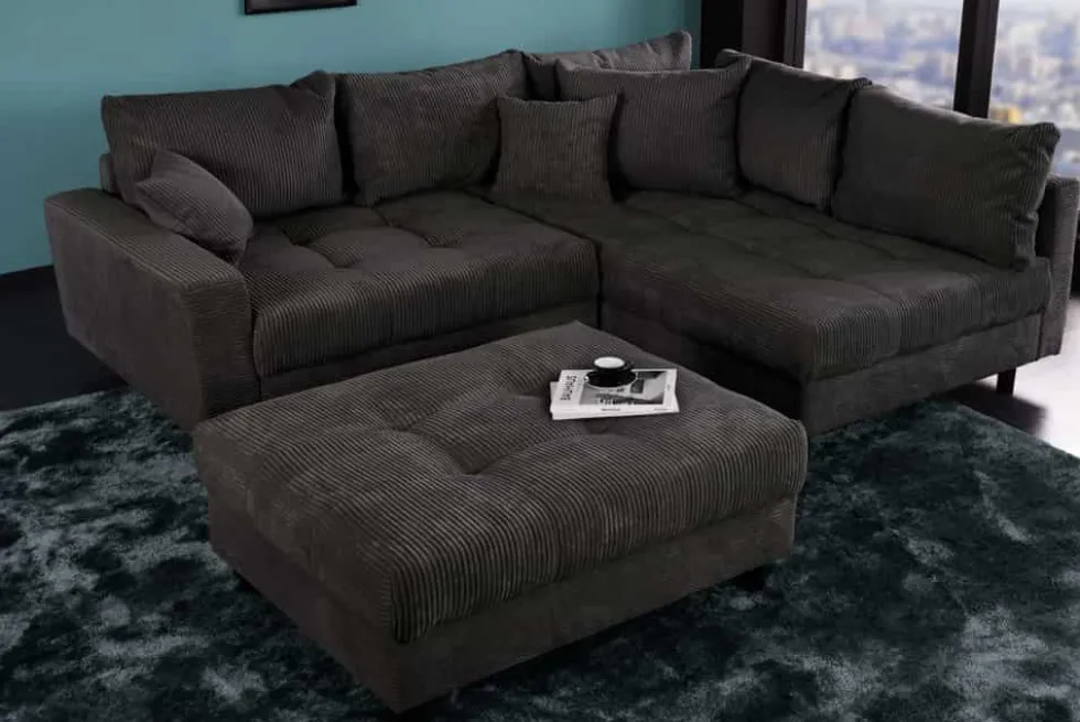 Modernes Ecksofa KENT 220cm dunkelgrau Cord inklusive Hocker Federkern Wohnlandschaft