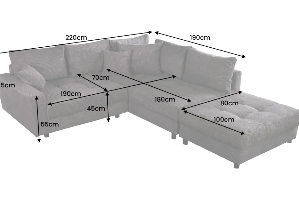 Modernes Ecksofa KENT 220cm greige Cord inkl. Hocker Federkern L-Form Wohnlandschaft