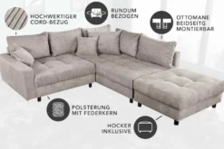 Modernes Ecksofa KENT 220cm greige Cord inkl. Hocker Federkern L-Form Wohnlandschaft
