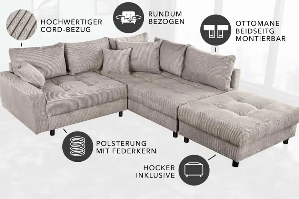 Modernes Ecksofa KENT 220cm greige Cord inkl. Hocker Federkern L-Form Wohnlandschaft