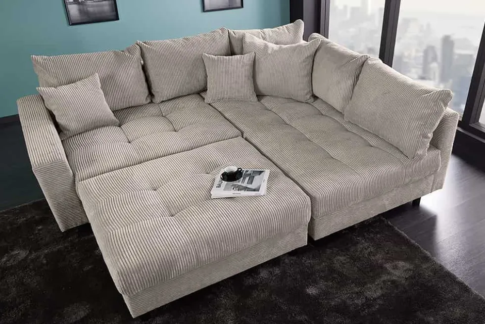 Modernes Ecksofa KENT 220cm greige Cord inkl. Hocker Federkern L-Form Wohnlandschaft