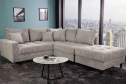 Modernes Ecksofa KENT 220cm greige Cord inkl. Hocker Federkern L-Form Wohnlandschaft