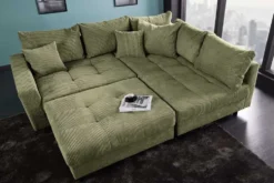 Modernes Ecksofa KENT 220cm grün Cord inkl. Hocker Federkern L-Form Wohnlandschaft