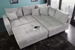 Modernes Ecksofa KENT 220cm hellgrau Cord inkl. Hocker Federkern L-Form Wohnlandschaft