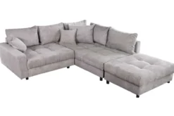 Modernes Ecksofa KENT 220cm hellgrau Cord inkl. Hocker Federkern L-Form Wohnlandschaft