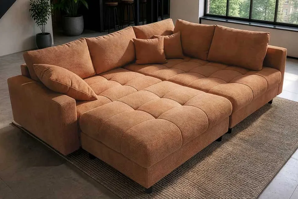 Modernes Ecksofa KENT 220cm rostbraun Chenille inkl. Hocker Federkern Wohnlandschaft