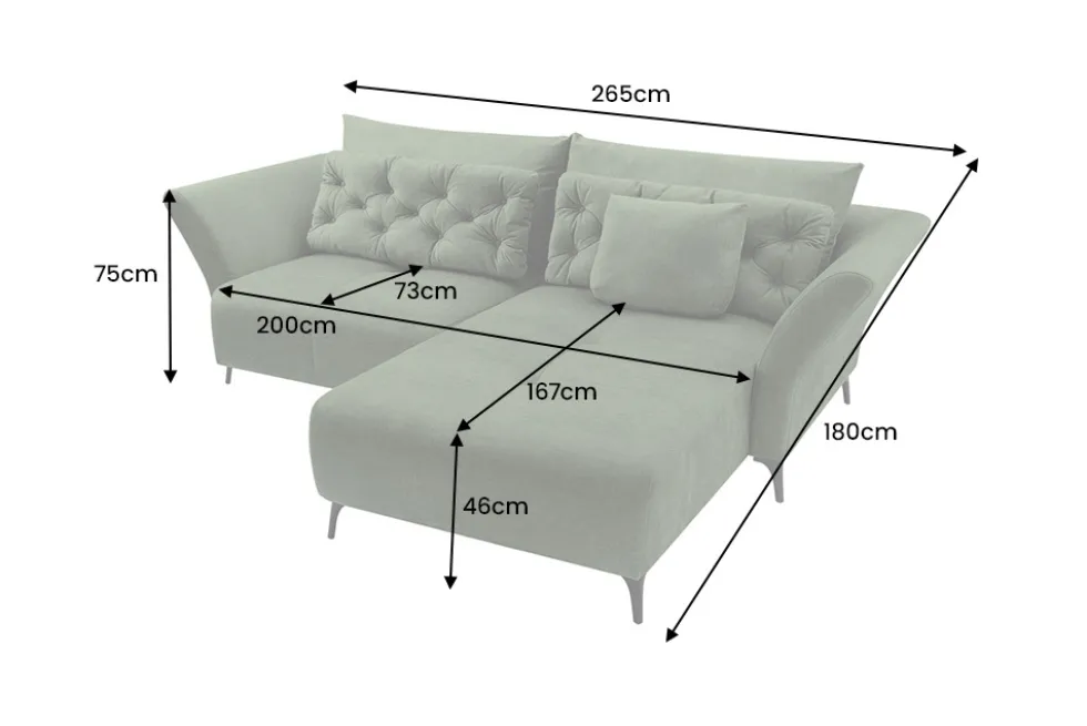 Modernes Ecksofa MARRAKESCH 265cm grün Samt 3-Sitzer inkl. Kissen Ottomane rechts