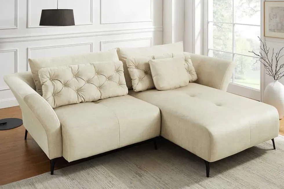 Modernes Ecksofa MARRAKESCH 265cm beige Samt 3-Sitzer inkl. Kissen Ottomane rechts