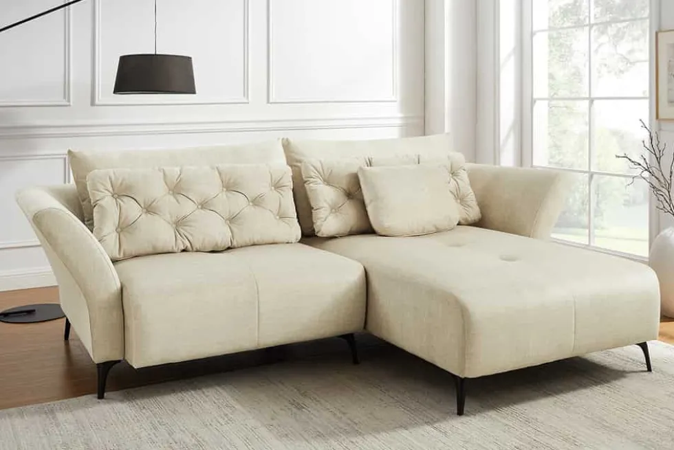 Modernes Ecksofa MARRAKESCH 265cm beige Samt 3-Sitzer inkl. Kissen Ottomane rechts