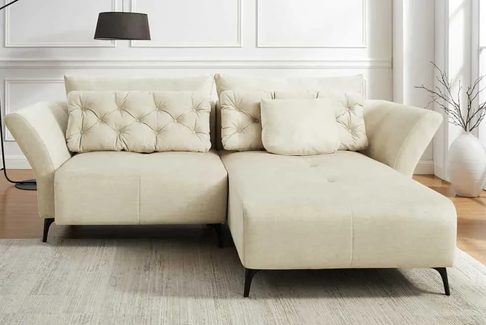 Modernes Ecksofa MARRAKESCH 265cm beige Samt 3-Sitzer inkl. Kissen Ottomane rechts