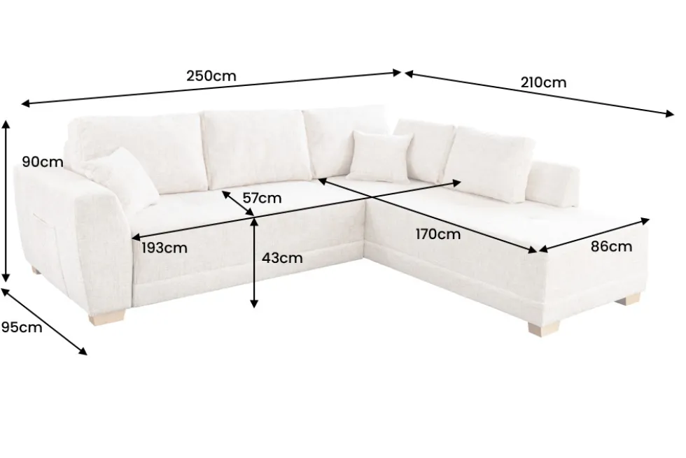 Modernes Ecksofa NORWAY 250cm beige Chenille Schlafsofa mit Stauraum inkl. Kissen