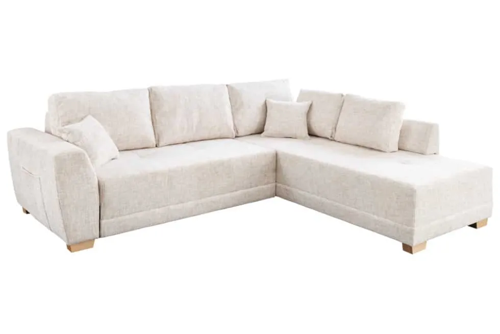 Modernes Ecksofa NORWAY 250cm beige Chenille Schlafsofa mit Stauraum inkl. Kissen
