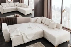Modernes Ecksofa NORWAY 250cm beige Chenille Schlafsofa mit Stauraum inkl. Kissen