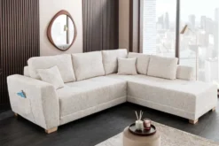 Modernes Ecksofa NORWAY 250cm beige Chenille Schlafsofa mit Stauraum inkl. Kissen