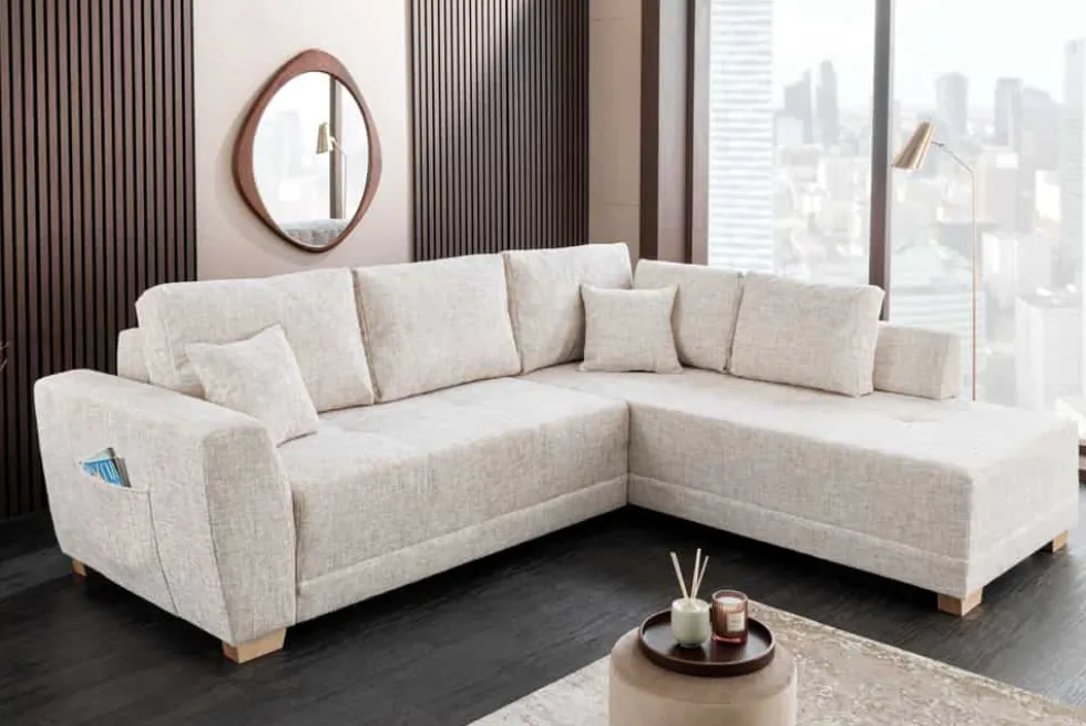 Modernes Ecksofa NORWAY 250cm beige Chenille Schlafsofa mit Stauraum inkl. Kissen