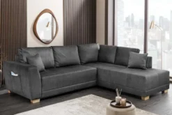Modernes Ecksofa NORWAY 250cm grau Vogue Velours Samt Schlafsofa mit Stauraum
