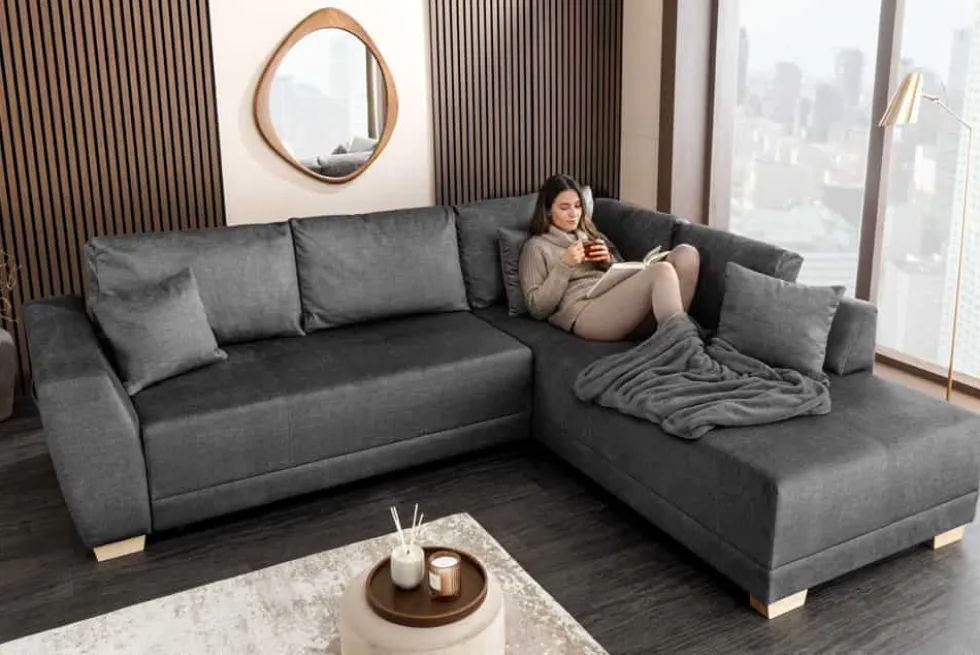Modernes Ecksofa NORWAY 250cm grau Vogue Velours Samt Schlafsofa mit Stauraum