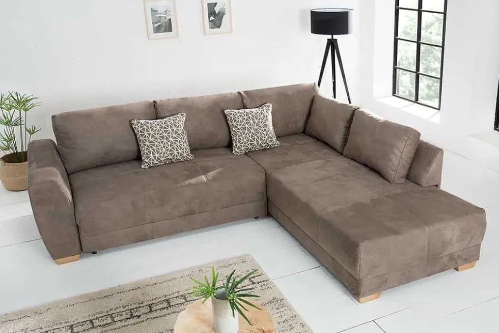 Modernes Ecksofa NORWAY 250cm taupe Microfaser Schlafsofa mit Bettkasten Federkern