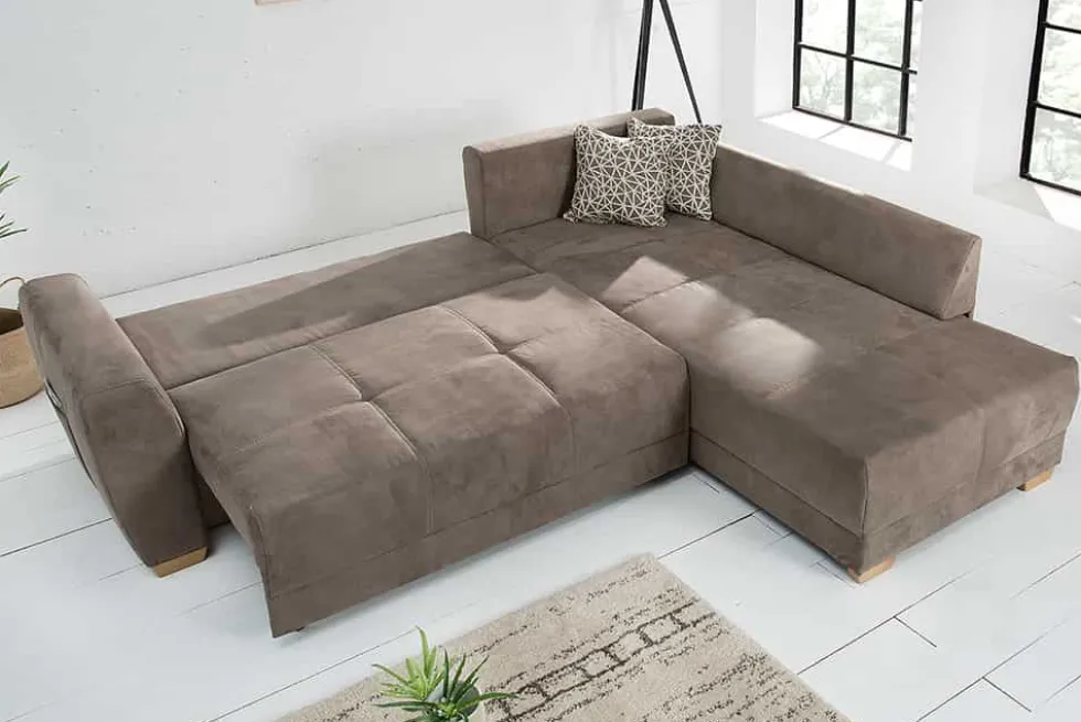 Modernes Ecksofa NORWAY 250cm taupe Microfaser Schlafsofa mit Bettkasten Federkern