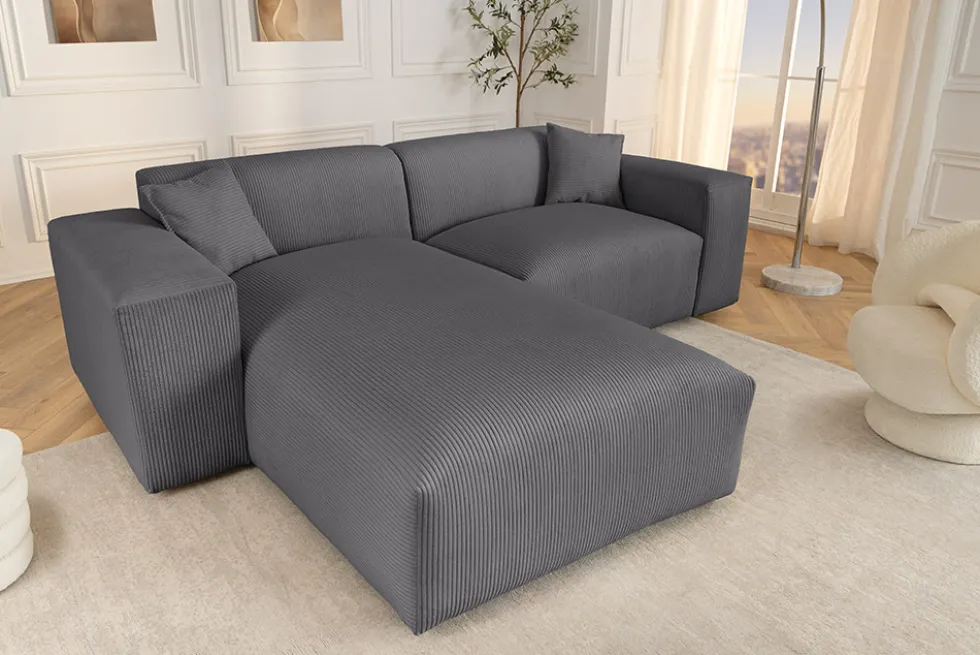 Modernes Ecksofa SIGNATUR 260cm anthrazit Cord beidseitig stellbar inkl. Kissen