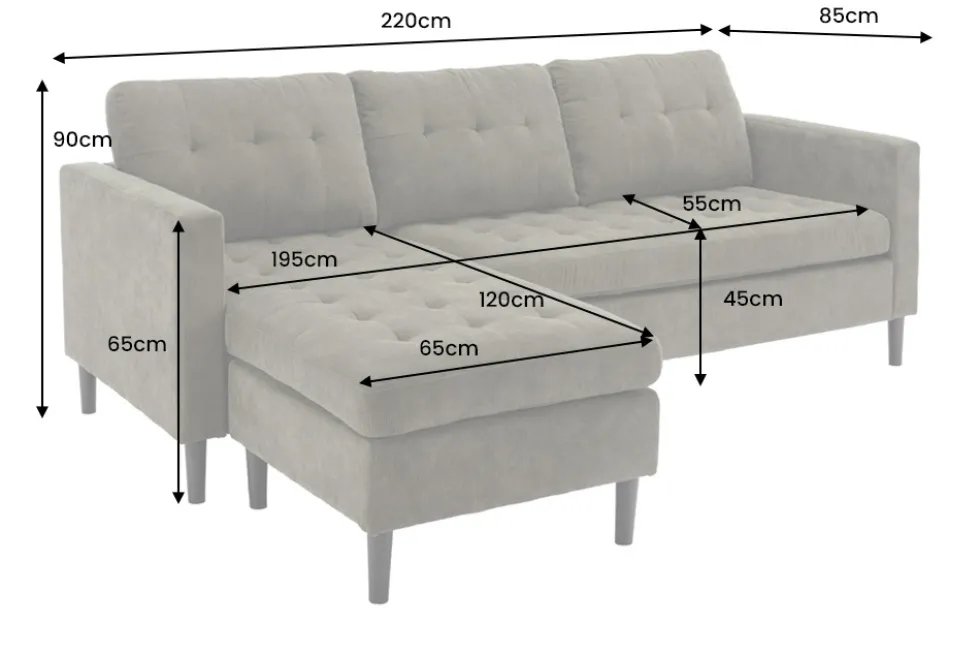 Modernes Ecksofa STOCKHOLM 220cm hellgrau Cordstoff Federkern 3-Sitzer-Sofa