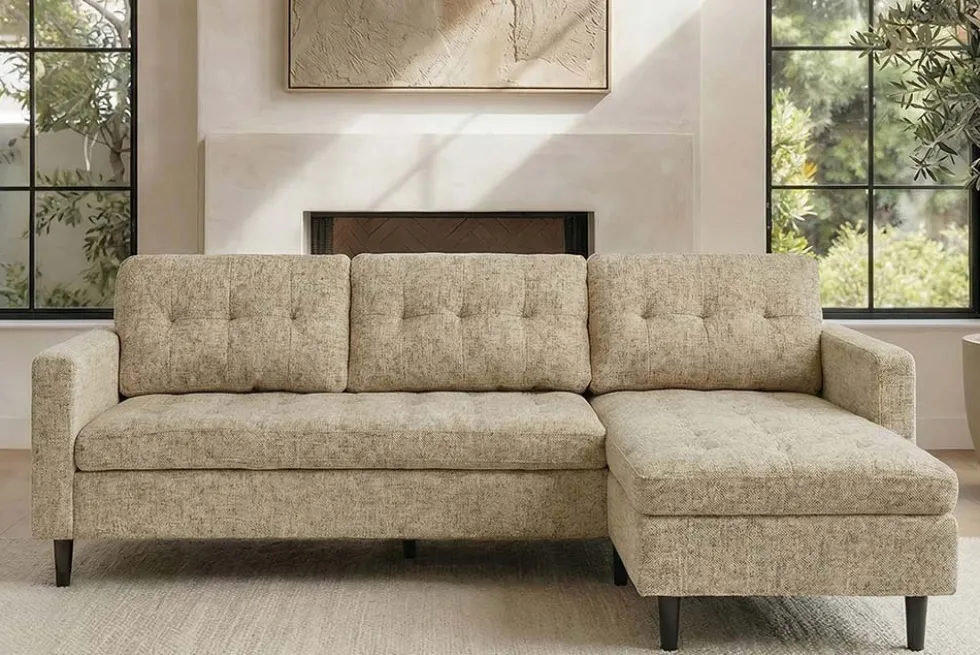 Modernes Ecksofa STOCKHOLM 220cm beige cozy Veloursstrickstoff Federkern 3-Sitzer-Sofa