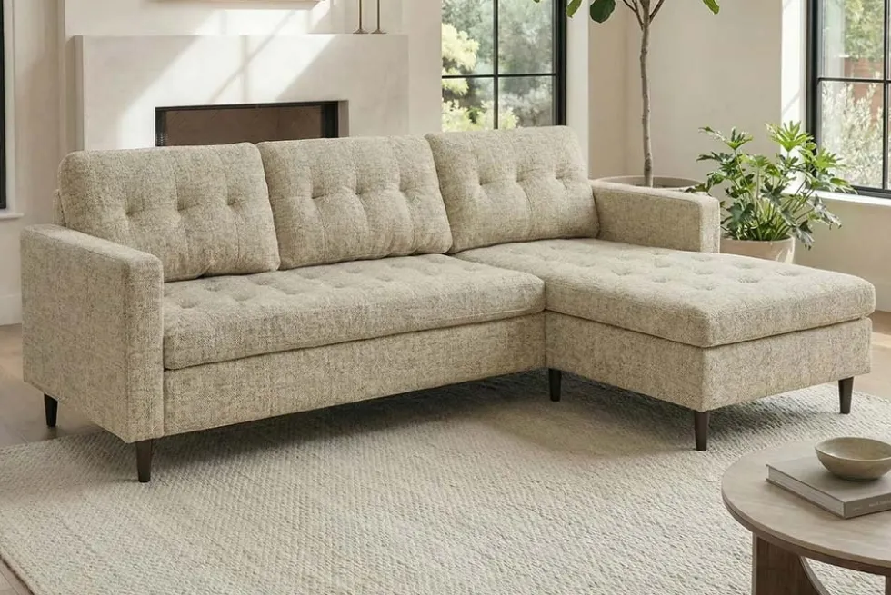 Modernes Ecksofa STOCKHOLM 220cm beige cozy Veloursstrickstoff Federkern 3-Sitzer-Sofa