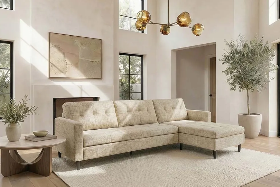Modernes Ecksofa STOCKHOLM 220cm beige cozy Veloursstrickstoff Federkern 3-Sitzer-Sofa