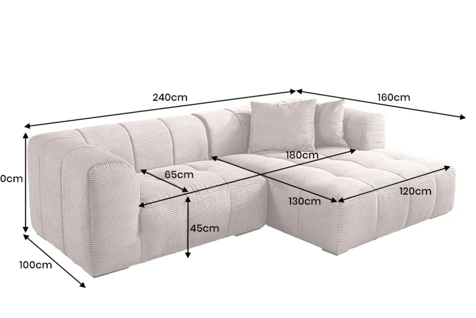 Modernes Ecksofa ZERO GRAVITY 240cm greige Cord 3-Sitzer Couch L-Form