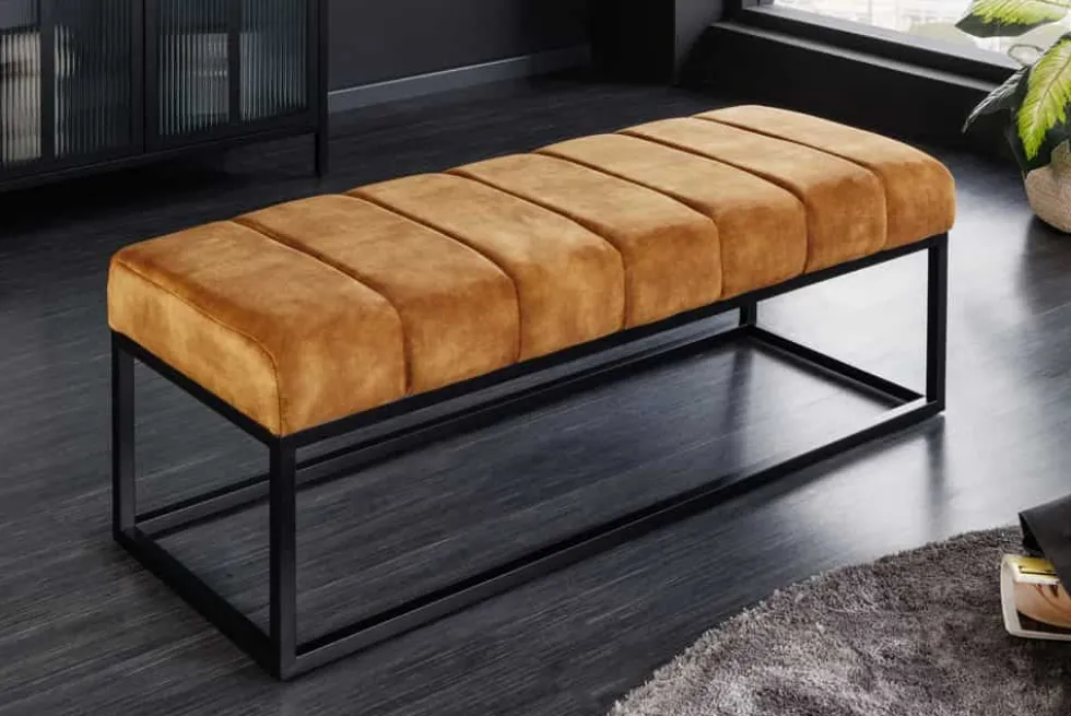 Moderne Sitzbank PETIT BEAUTÉ 110cm senfgelb Samt schwarzes Metallgestell