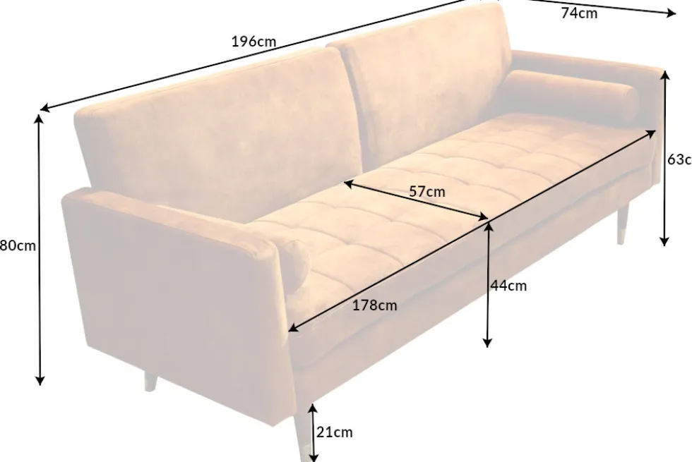 Modernes Schlafsofa COUTURE 200cm senfgelb Microvelours 3-Sitzer Couch mit Schlaffunktion