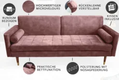 Modernes Schlafsofa COUTURE 200cm altrosa Microvelours 3-Sitzer Couch mit Schlaffunktion