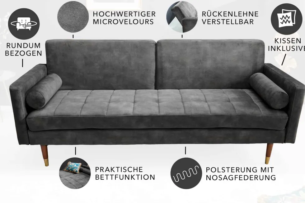 Modernes Schlafsofa COUTURE 200cm grau Microvelours 3-Sitzer Couch mit Schlaffunktion